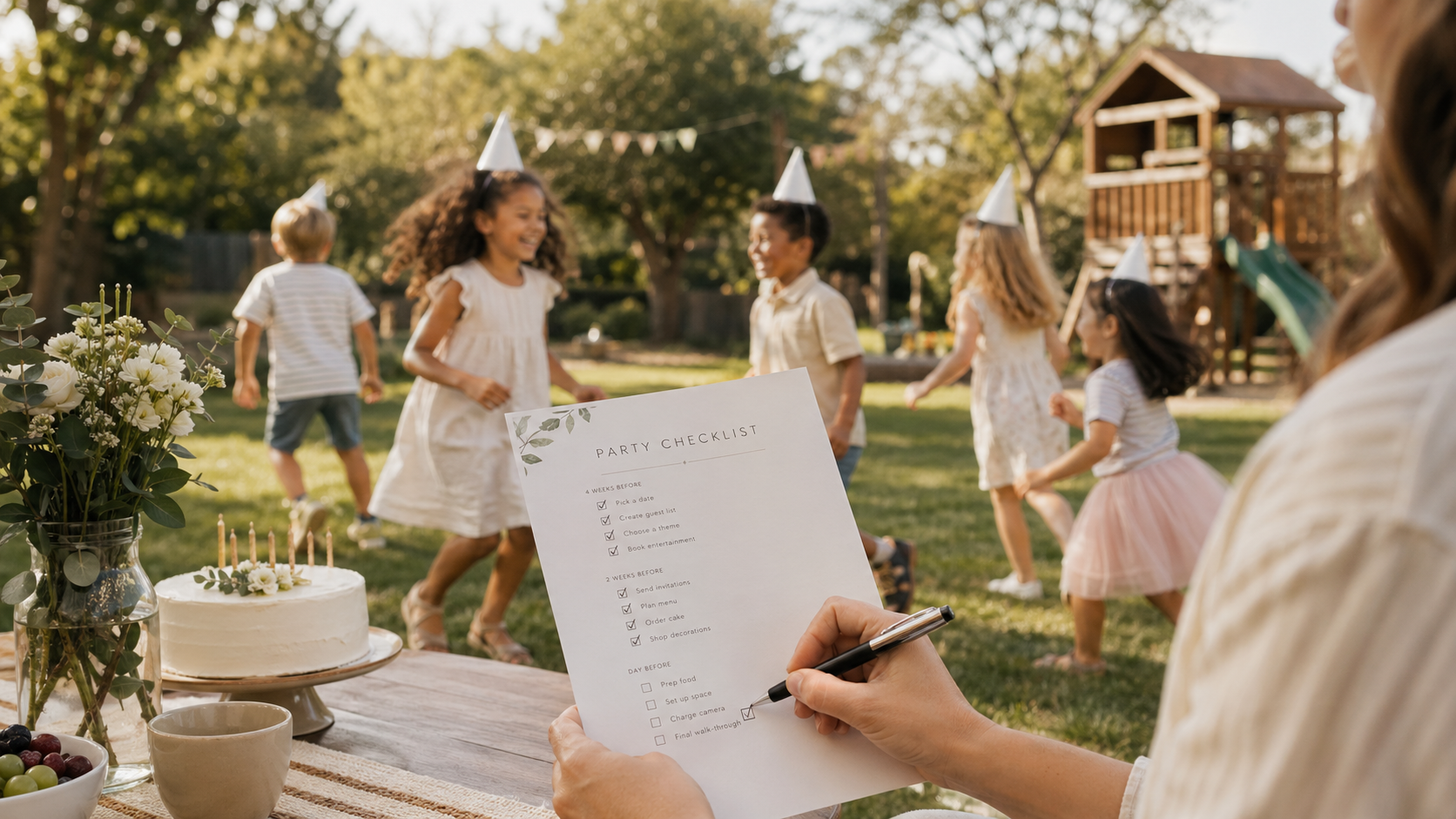 Family planning a backyard birthday party with kids playing in the background